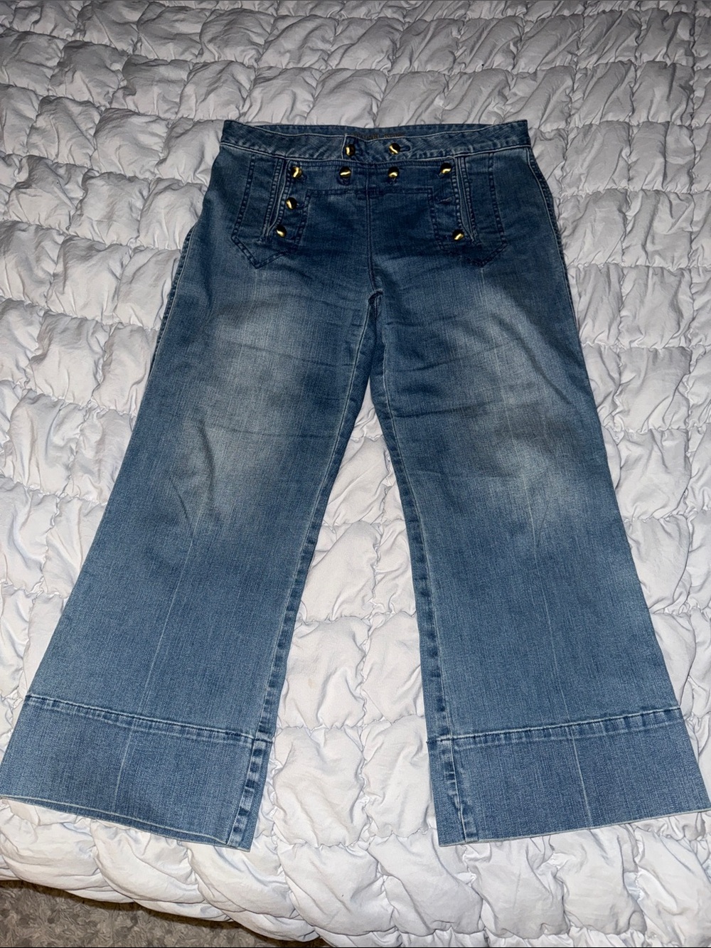 Michael Kors Women’s Wide Leg Blue Jeans with Button Detail** Missing one button